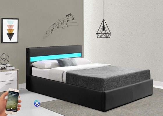 Tempat Tidur Penyimpanan Lift Gas Beludru Hancur Modern Berlapis Abu-abu Dengan Lampu LED