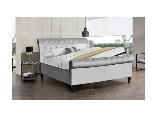 Kain Abu-abu Beludru King Size Bed Frame Dengan Kancing Kristal