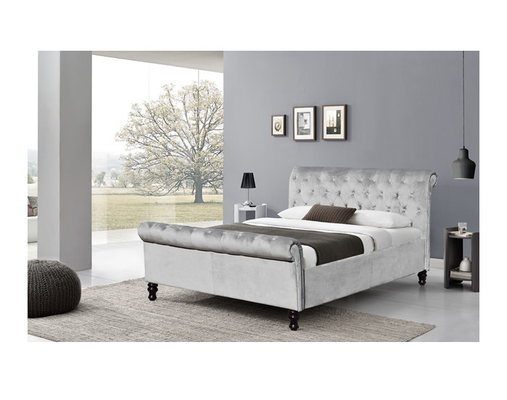 Kain Abu-abu Beludru King Size Bed Frame Dengan Kancing Kristal