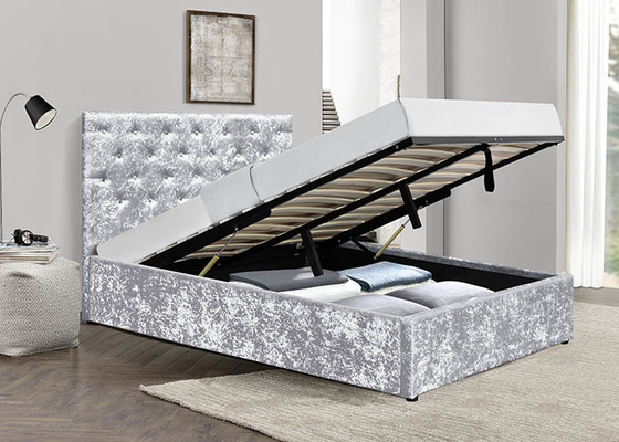 Crushed Silver Velvet Gas Lift Up Storage Bed Furnitur Kamar Tidur Lembut BSCI