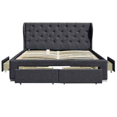 Kain Linen Kayu Lapis Tempat Tidur Penyimpanan Ottoman Bersayap Ukuran Ganda