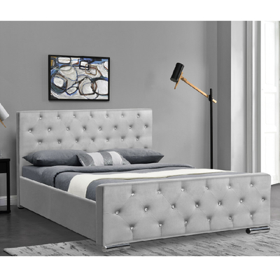 Tempat Tidur Bingkai Kayu Berlapis Beludru Berumbai Dengan Headboard Tombol Cristal
