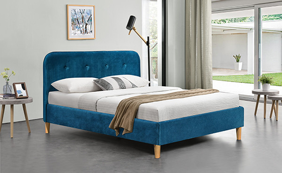 Bingkai Tempat Tidur Kayu Lapis Beludru Biru Kain BSCI Berlapis Tempat Tidur Queen Headboard