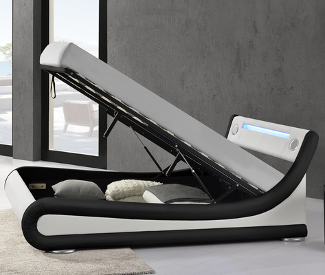 Rangka Tempat Tidur Berlapis LED Platform Dengan Speaker Bluetooth PU Hitam Putih