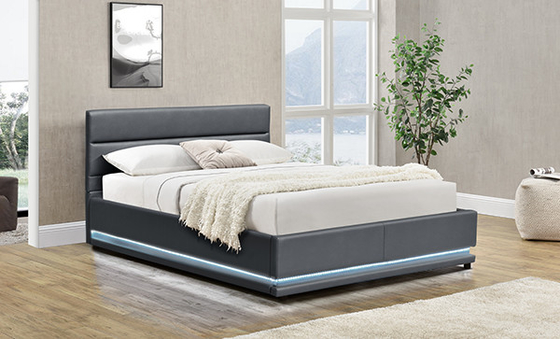 Tempat Tidur Penyimpanan Kulit Abu-abu Dengan LED Di Headboard