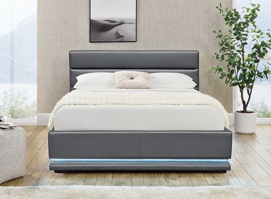 Tempat Tidur Penyimpanan Kulit Abu-abu Dengan LED Di Headboard