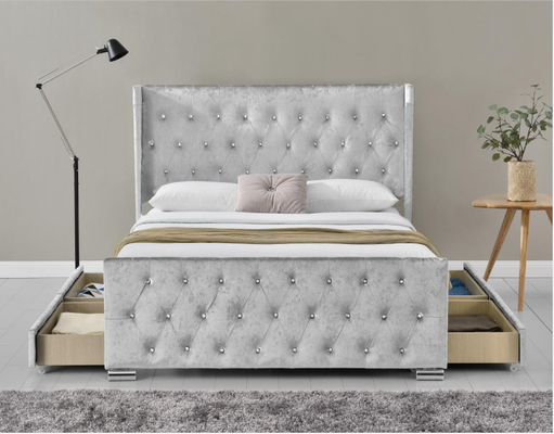 Wing Back Ottoman Tufted Storage Bed King Size Kayu Sliver Abu-abu Hancur Beludru Dengan Headboard