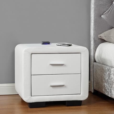 Meja Samping Tempat Tidur Kain Kulit Imitasi Dua Laci Putih Dengan Speaker Bluetooth